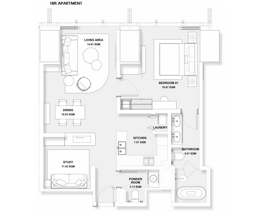 Burj Azizi- 1BR Floor Plan