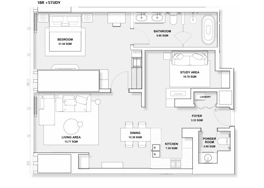 Burj Azizi- 1BR + STUDY Floor Plan